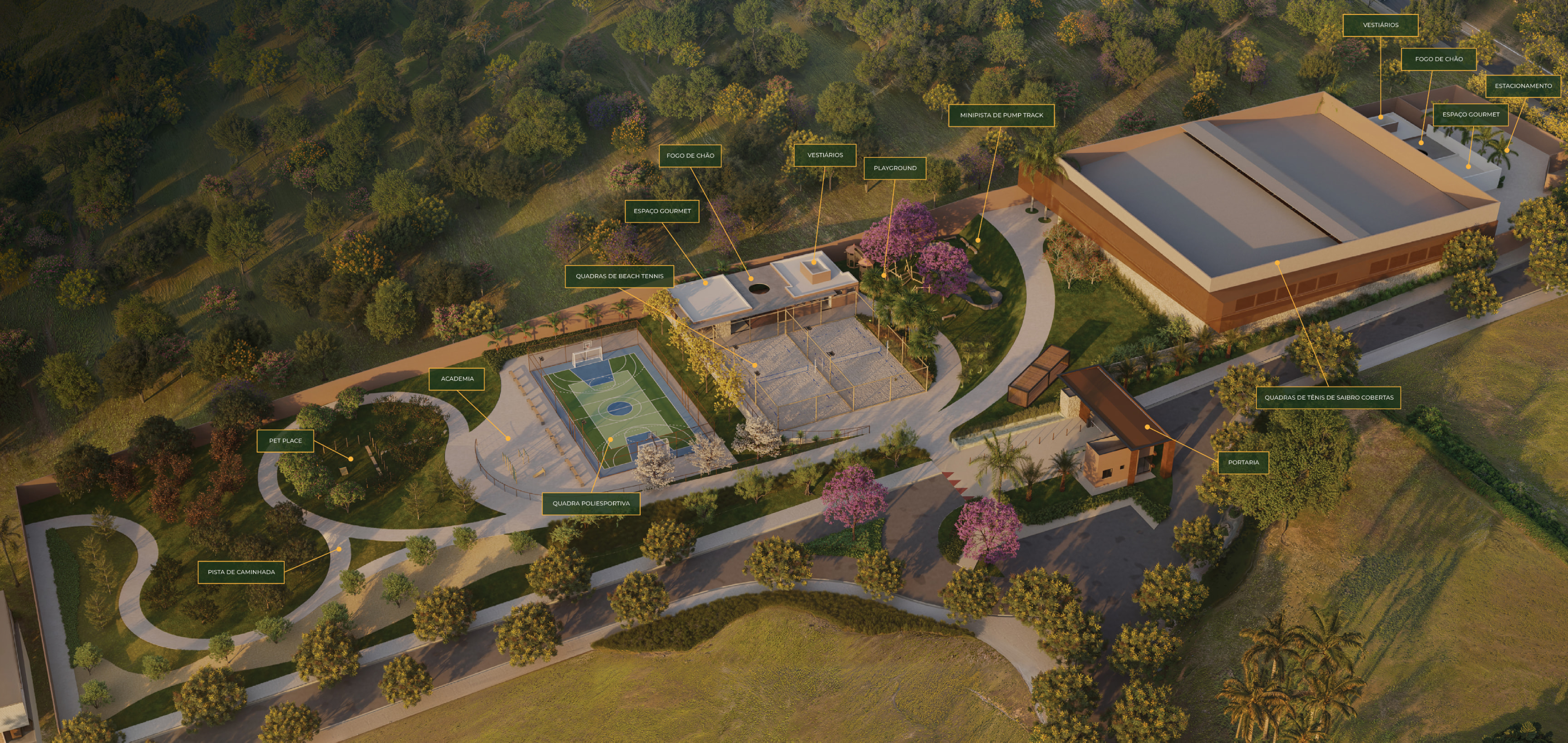 Planta do lazer do Benviverde Tennis Residence com portaria, quadras de tênis de saibro, beach tennis, espaço gourmet, academia, pump track, playground, pet place e pista de caminhada