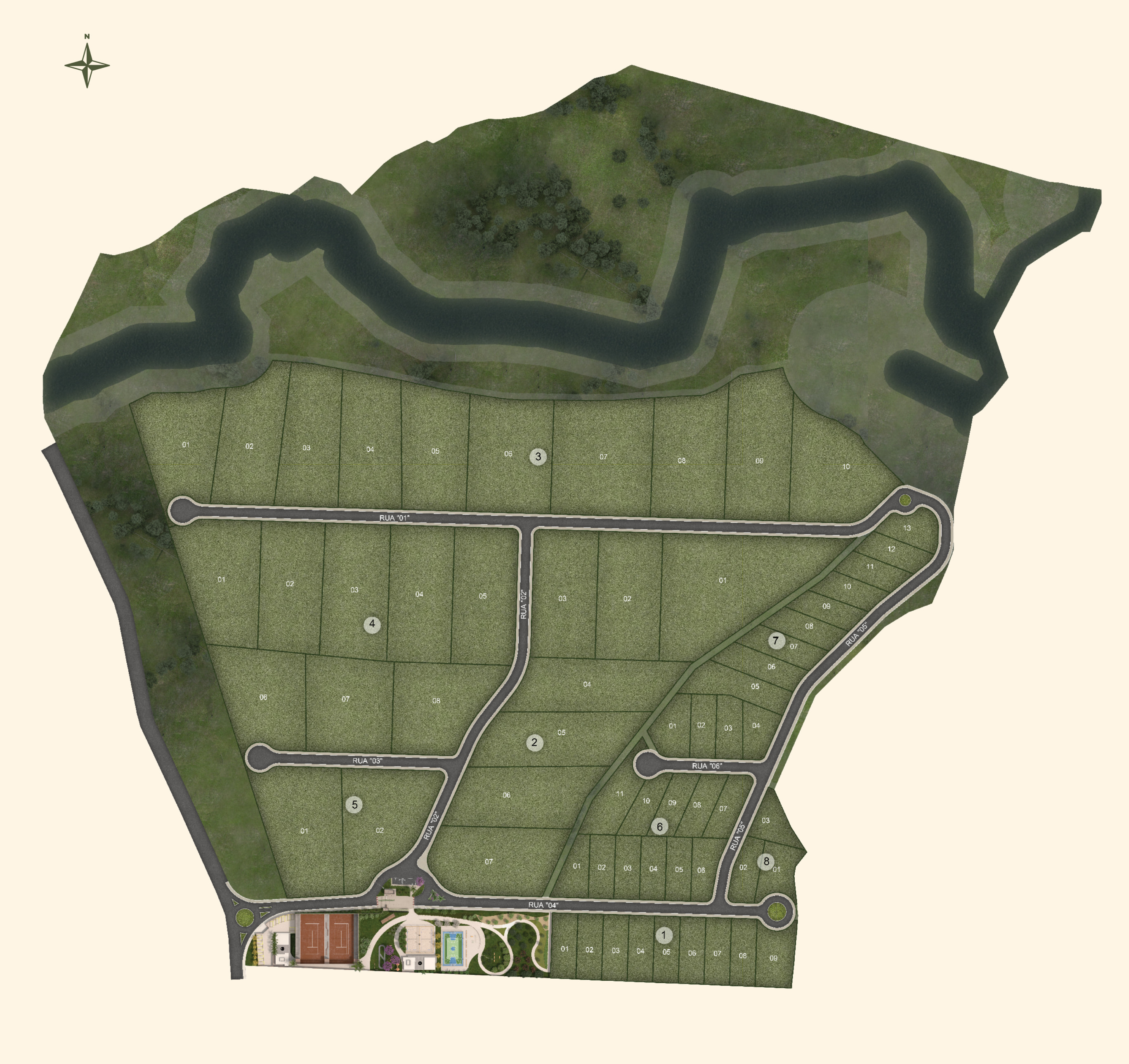 Masterplan do Benviverde Tennis Residence, com 63 lotes, áreas verdes preservadas e o Tennis Club